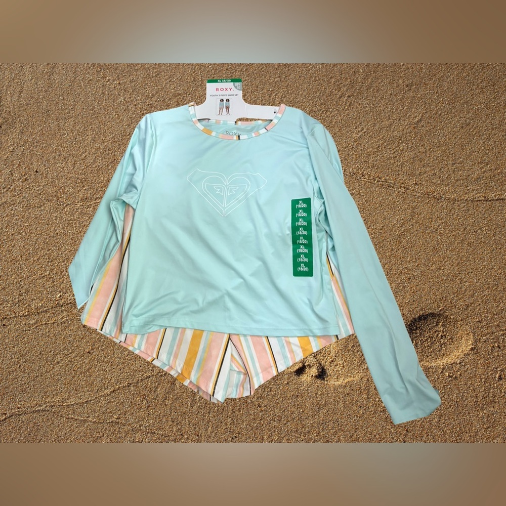 New! Roxy Youth 3-piece Swim Set Light Blue Girls Sz XL 18/20 UPF 50